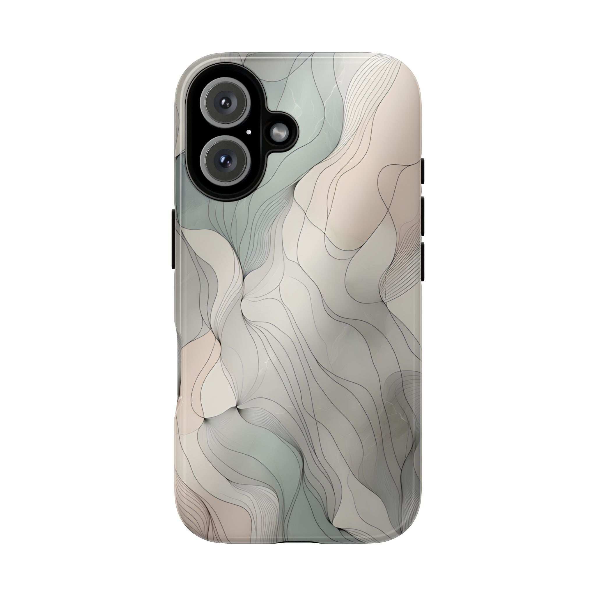 Pastel wave phone case with light beige and blue-gray swirls, dual camera cutouts