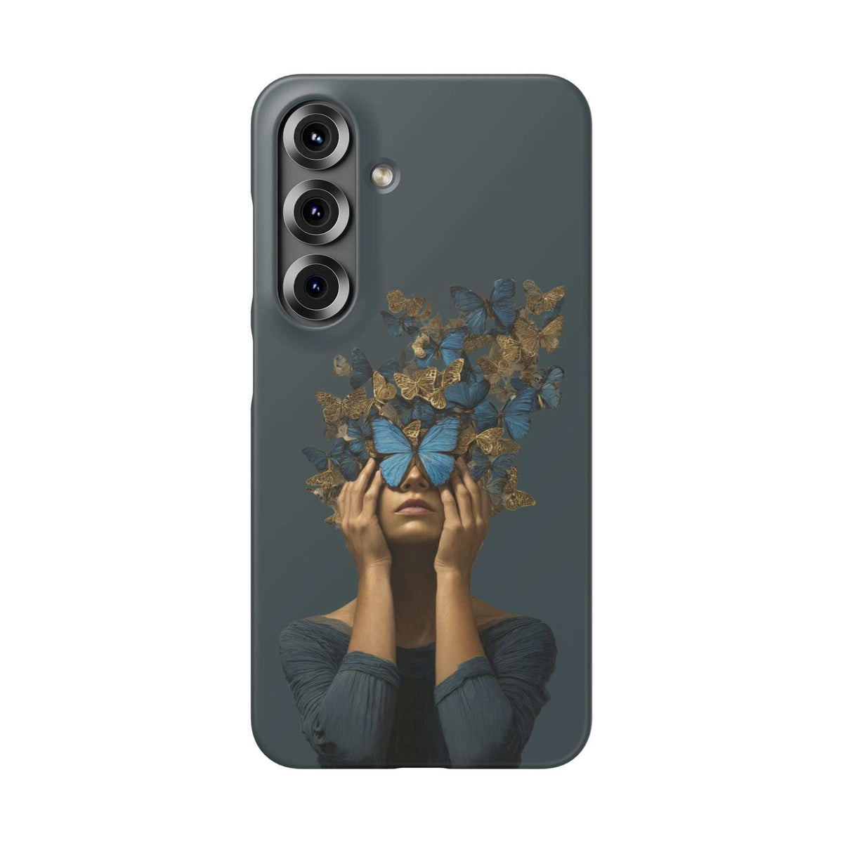 Dark gray phone case with blue butterfly center art and gold fragments, camera holes