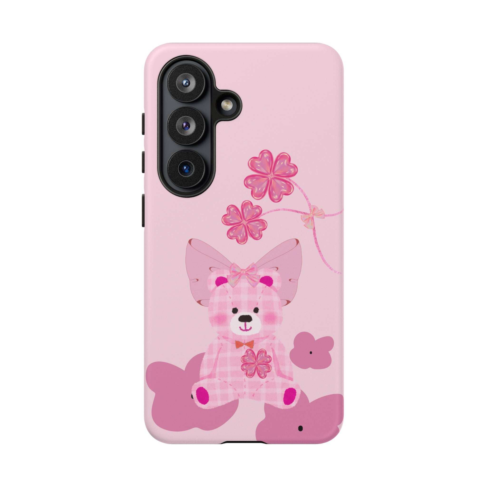 Pink teddy bear phone case with bow and floral accents, vertical triple camera cutout
