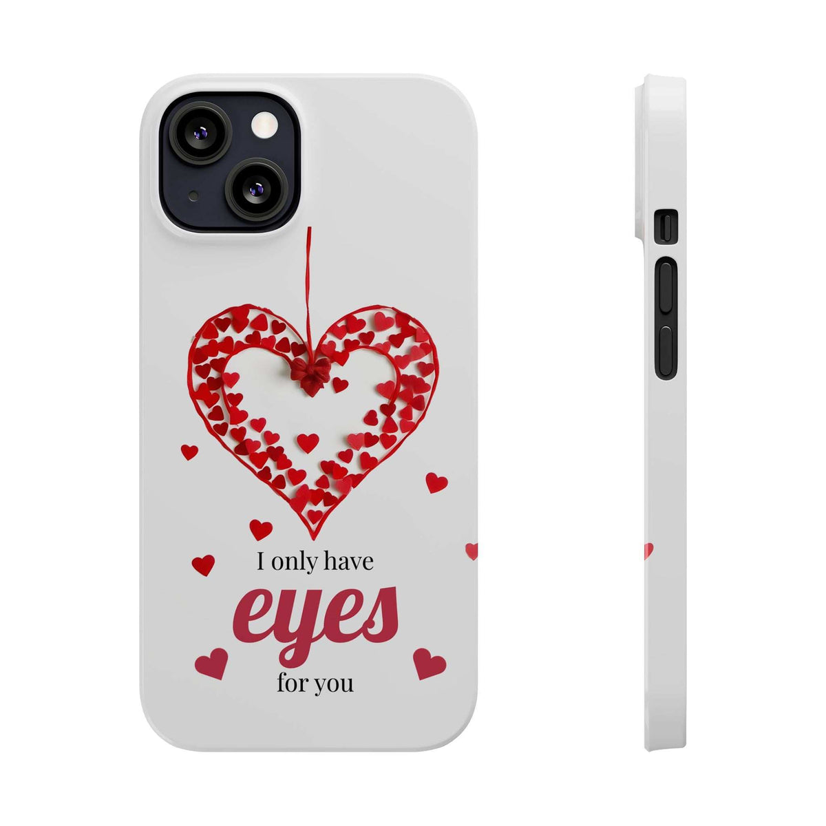 White phone case front and side view with red heart graphic; side button cutout visible