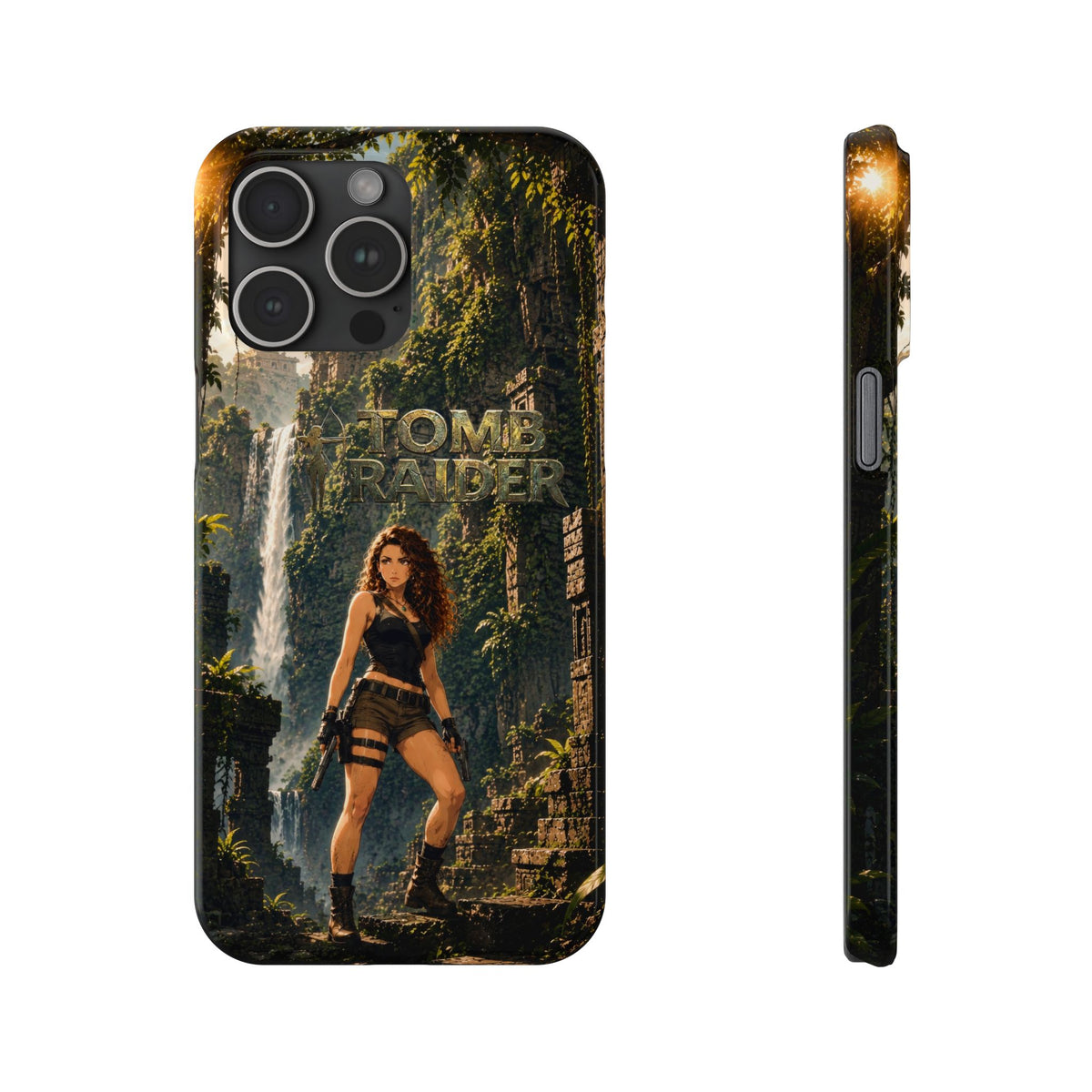 Tomb Raider iPhone case, dark back with character and waterfall scene print, side with buttons