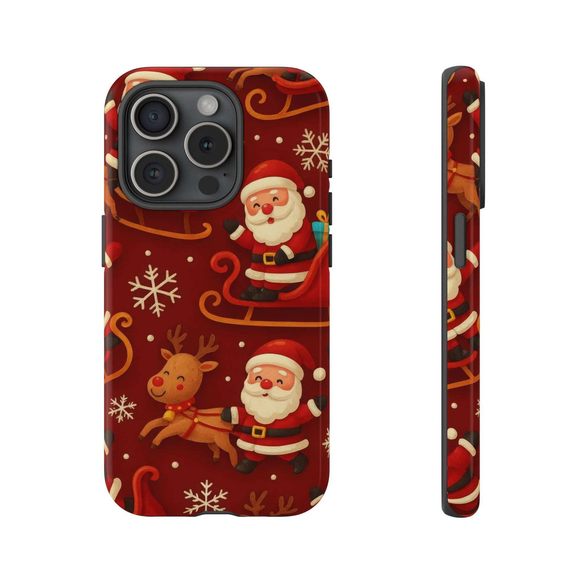 Glossy Santa and reindeer phone case, front view showing multiple camera lenses and side cutout