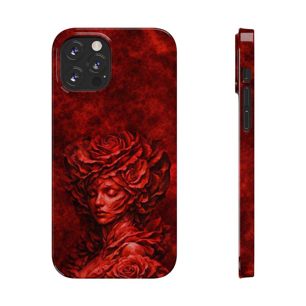 Red slim iPhone case with rose-and-woman face artwork and black camera module cutouts.
