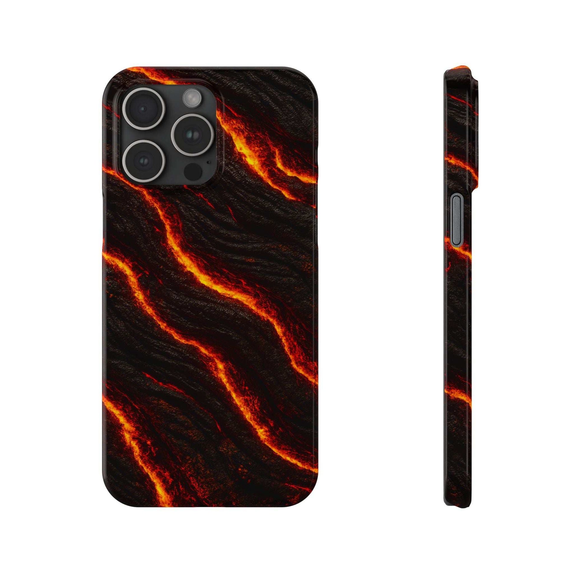 Black phone case with orange lava flow lines; camera lenses and side edge openings.