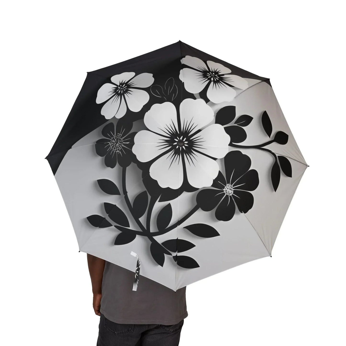 Stylish Semi-Automatic Foldable Umbrella with Black and White Floral Pattern - KarArmDesign
