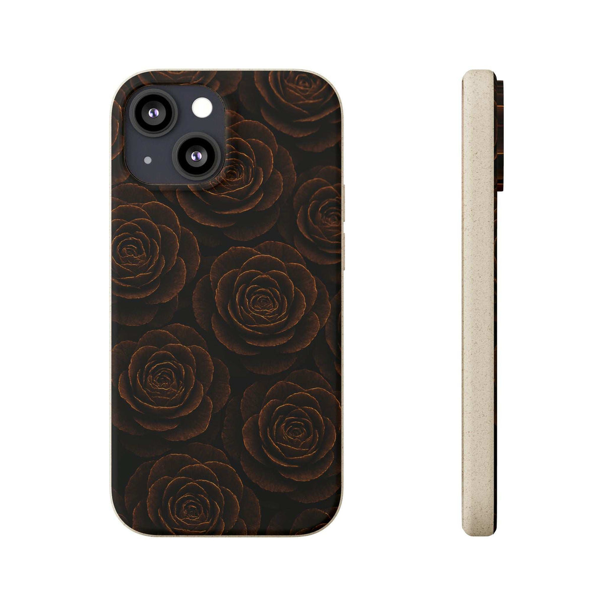 Wood rose phone case with dark floral rose pattern and camera cutouts; beige side.