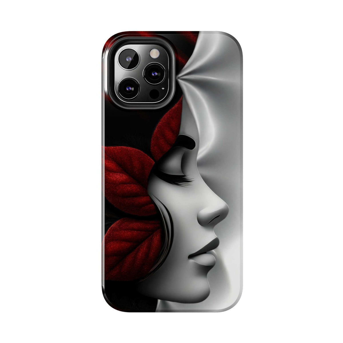 Phone case with gray face silhouette, red rose accents, and camera cutouts