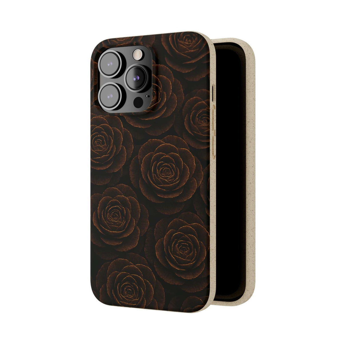Wooden rose-pattern phone case, dark floral back with multi-camera cutouts and light edge