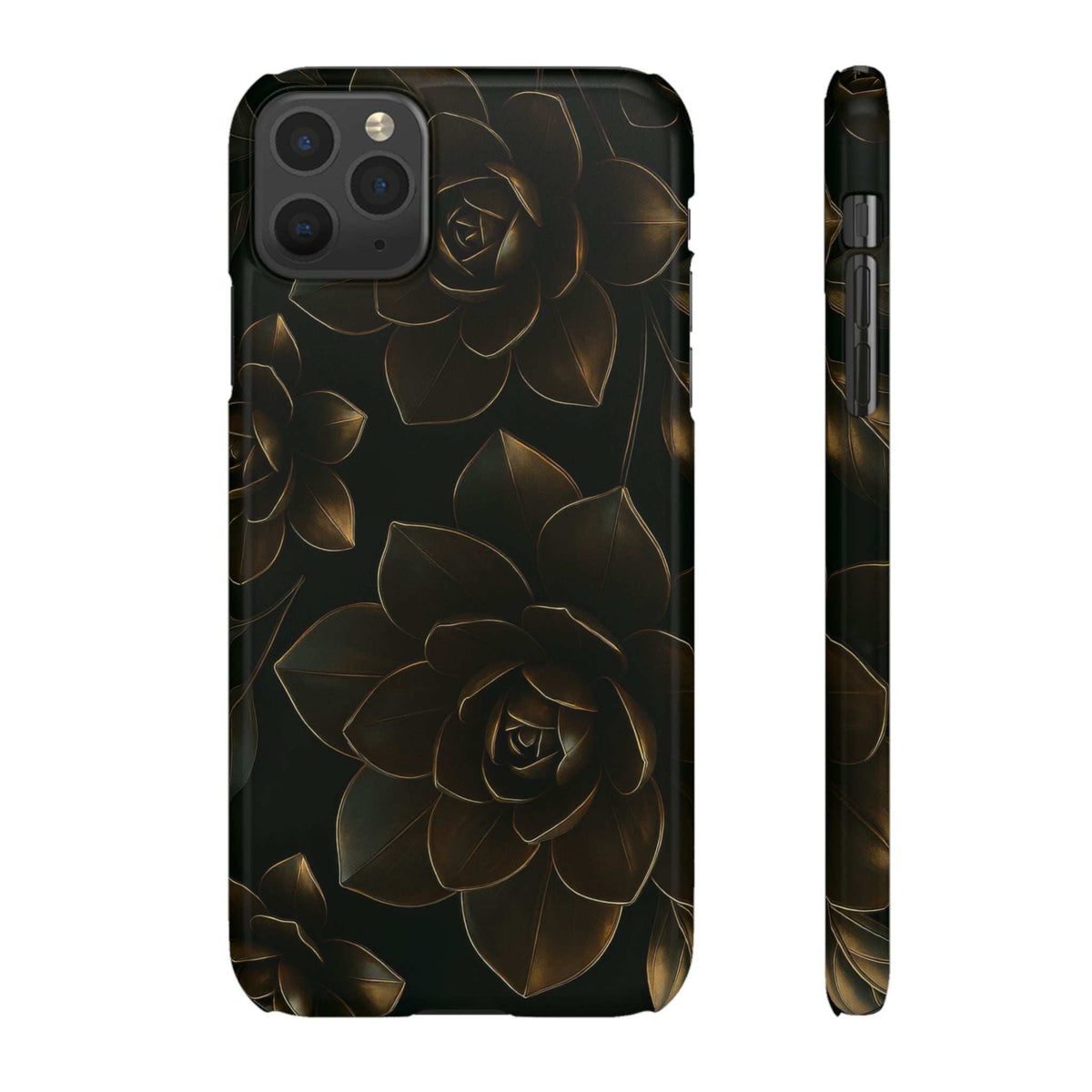 Glossy black phone case with gold rose and leaves metal-flower graphic and edge button openings.