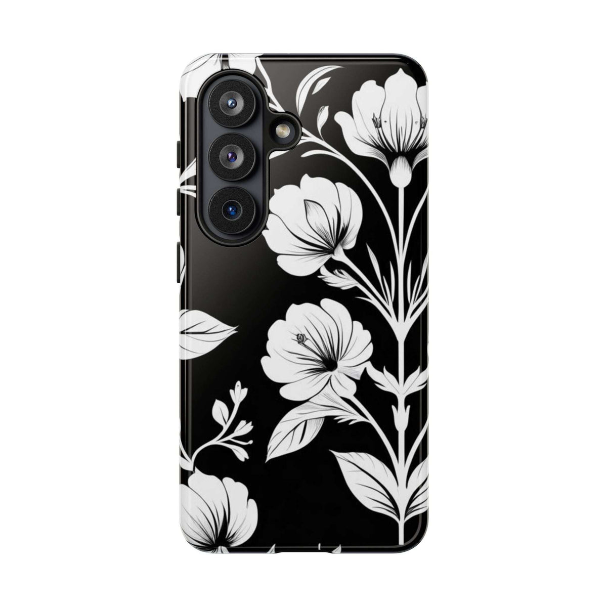 Phone case with black base, white blossoms and leaves; precise camera cutouts