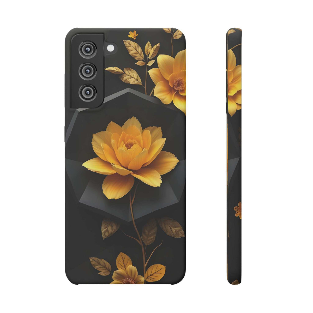 Black phone case featuring a large yellow flower and leafy accents, camera cutouts
