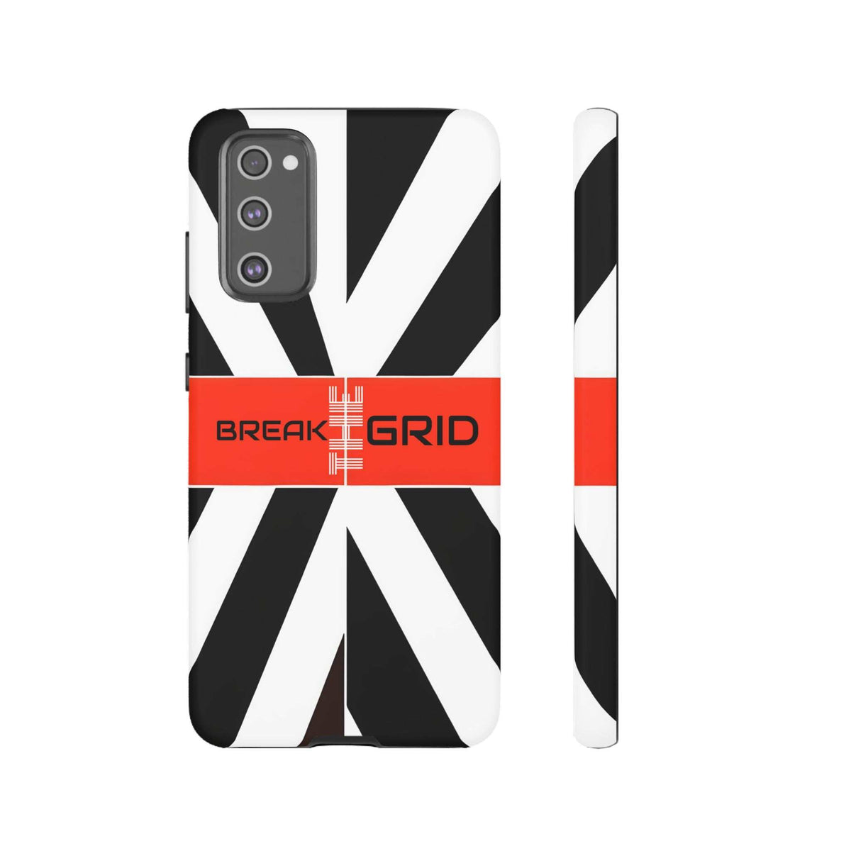 Phone case with black-and-white geometric stripes, red "Break Grid" band, front and side view.