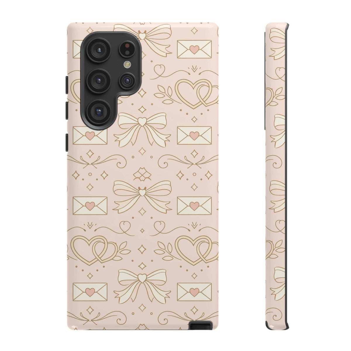 Blush pink tough phone case with hearts, bows, and envelope icons; back camera cutouts shown.