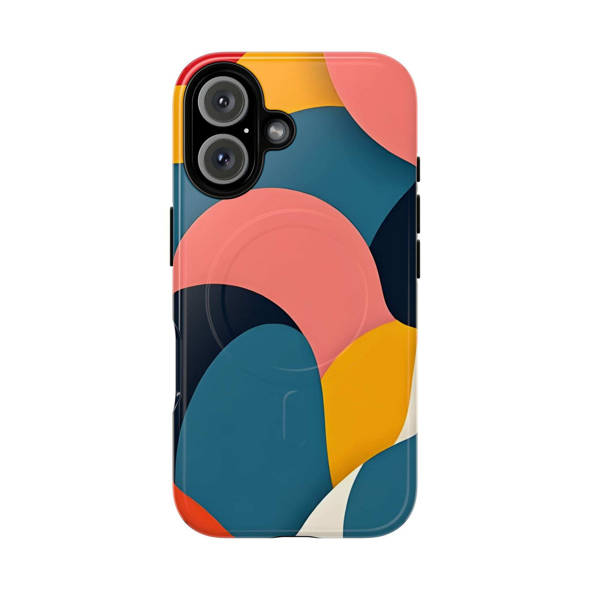 Colorful abstract phone case with coral circles and teal panels; triple-camera cutout