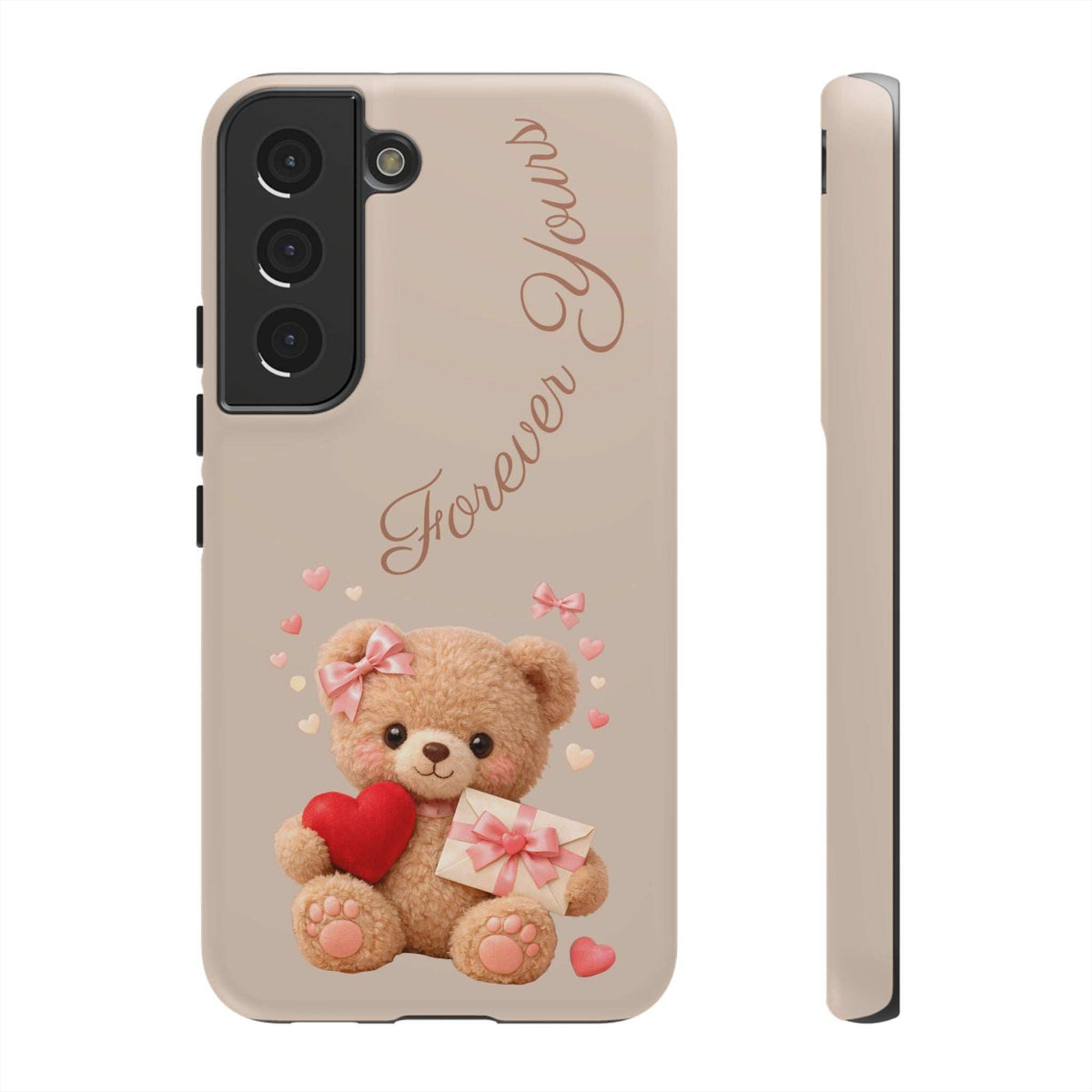 Beige phone case with teddy bear and heart; angled front view with side edge, Samsung Galaxy.