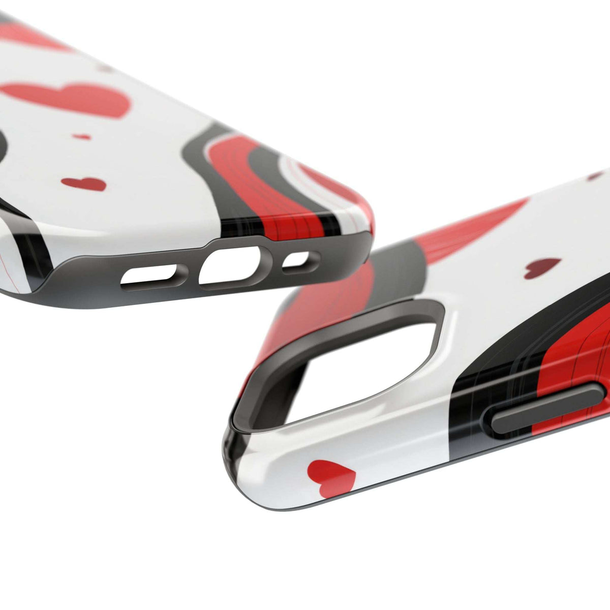 Phone case side view with open buttons and curved edges; red heart and swirl pattern.