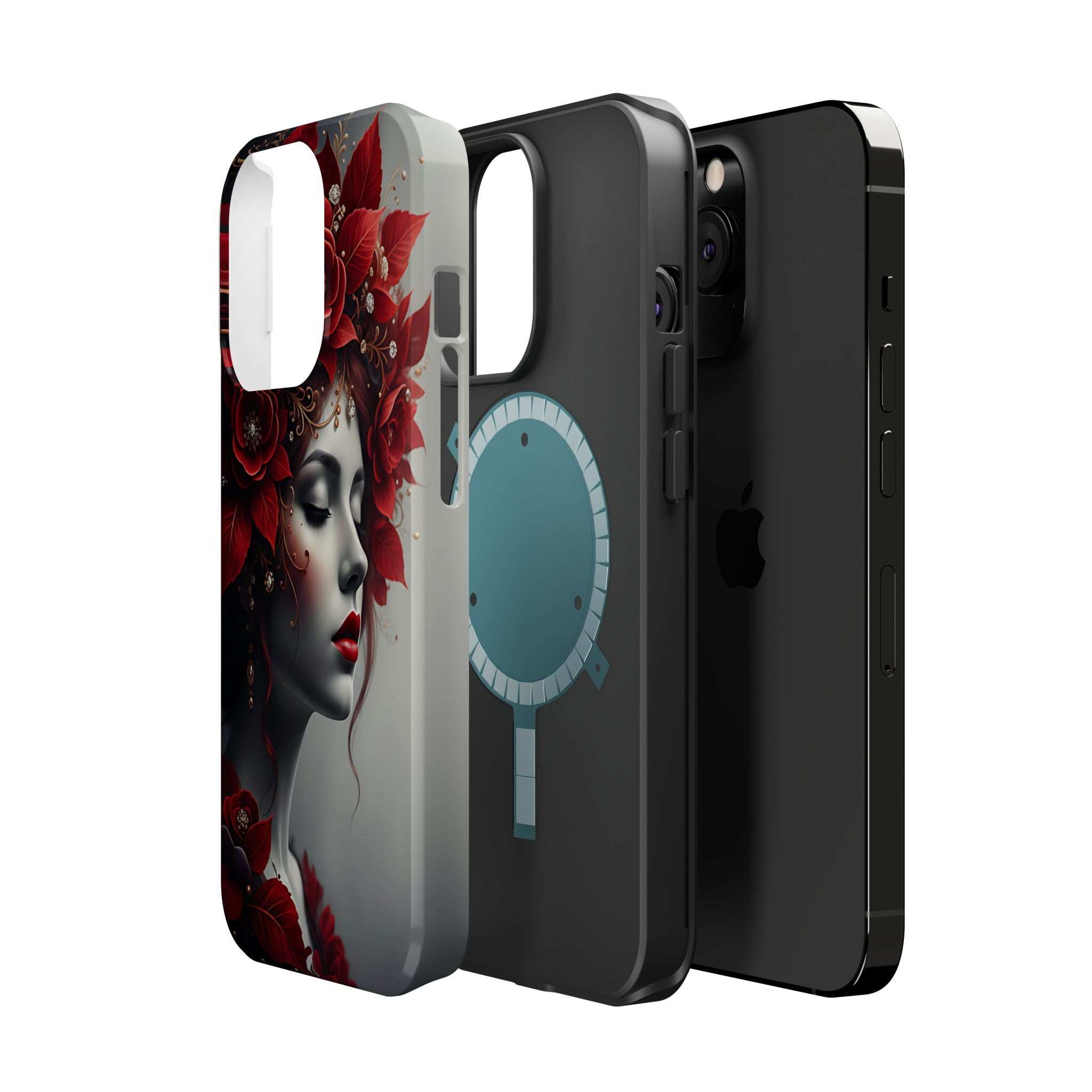 Portrait phone case with red floral face art and blue pendant, front-side camera openings