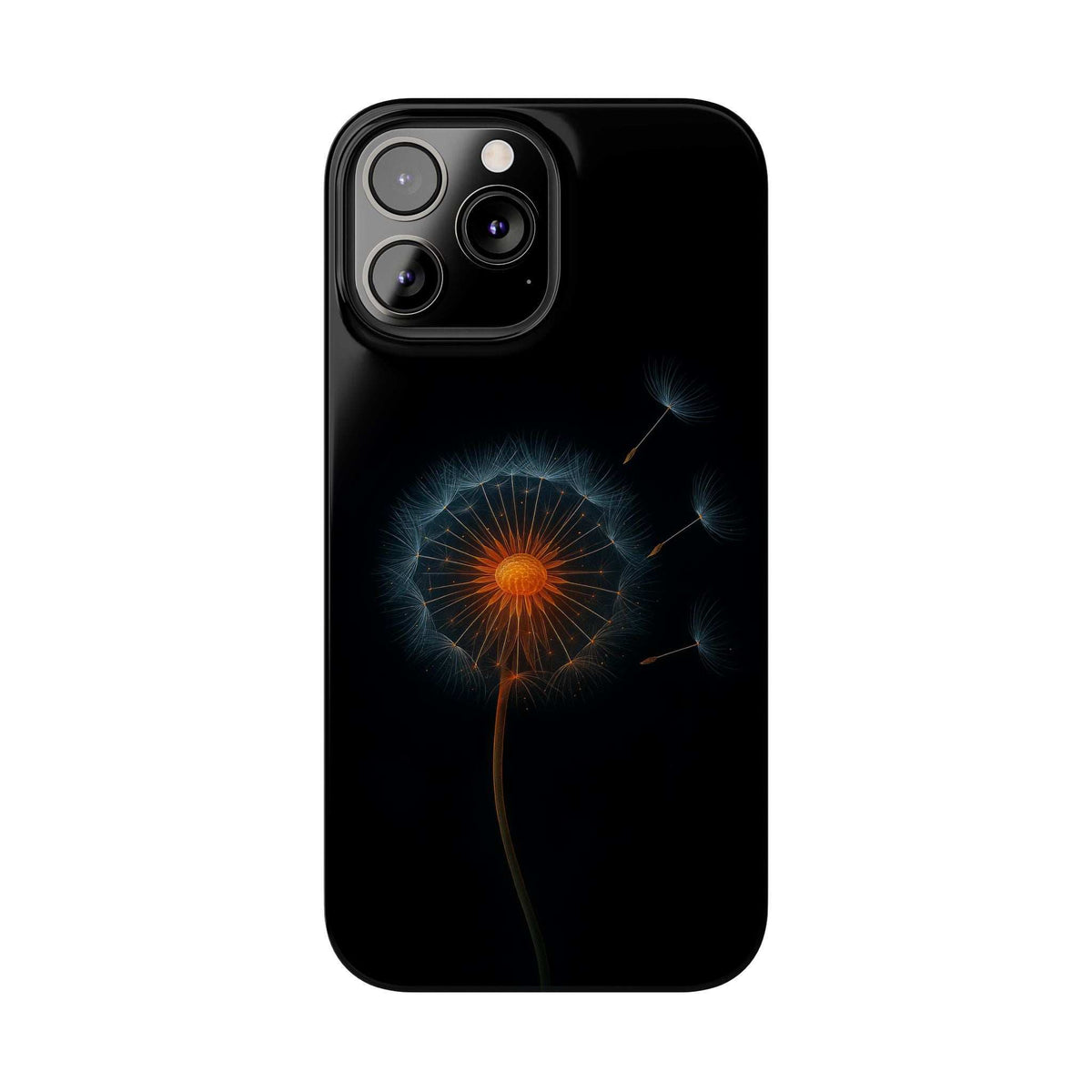Black phone case with glowing orange dandelion and blue light trail near edges