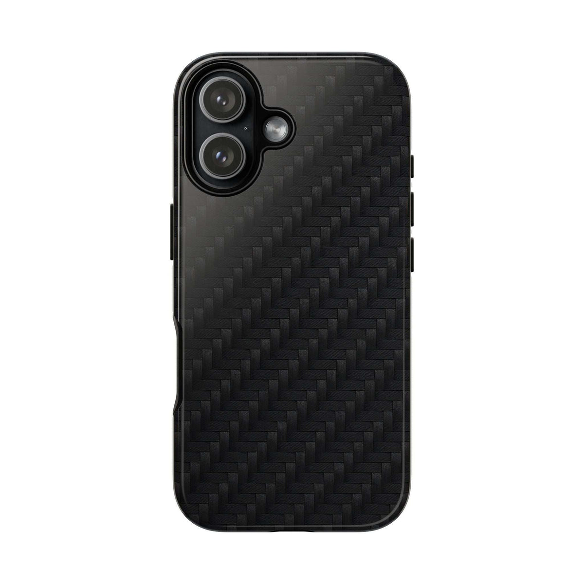 Black carbon-fiber phone case with dual camera cutouts and textured weave