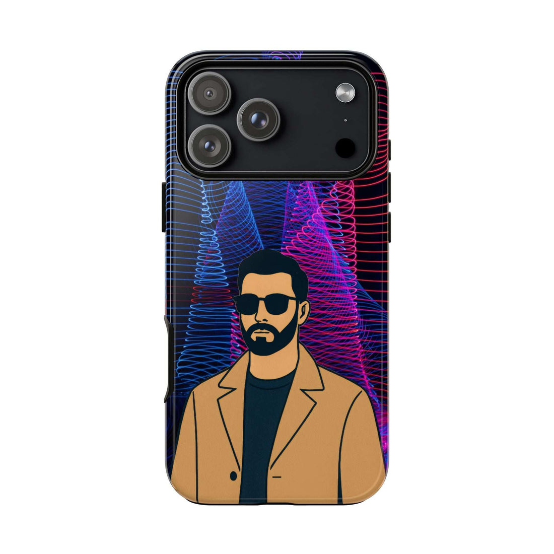 Glossy phone case with illustrated bearded man in tan jacket and neon blue/pink waves