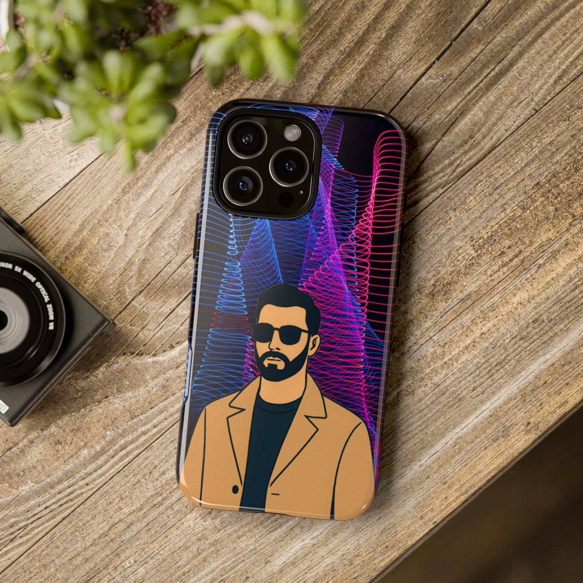Glossy phone case with bearded man illustration and neon blue/pink waves