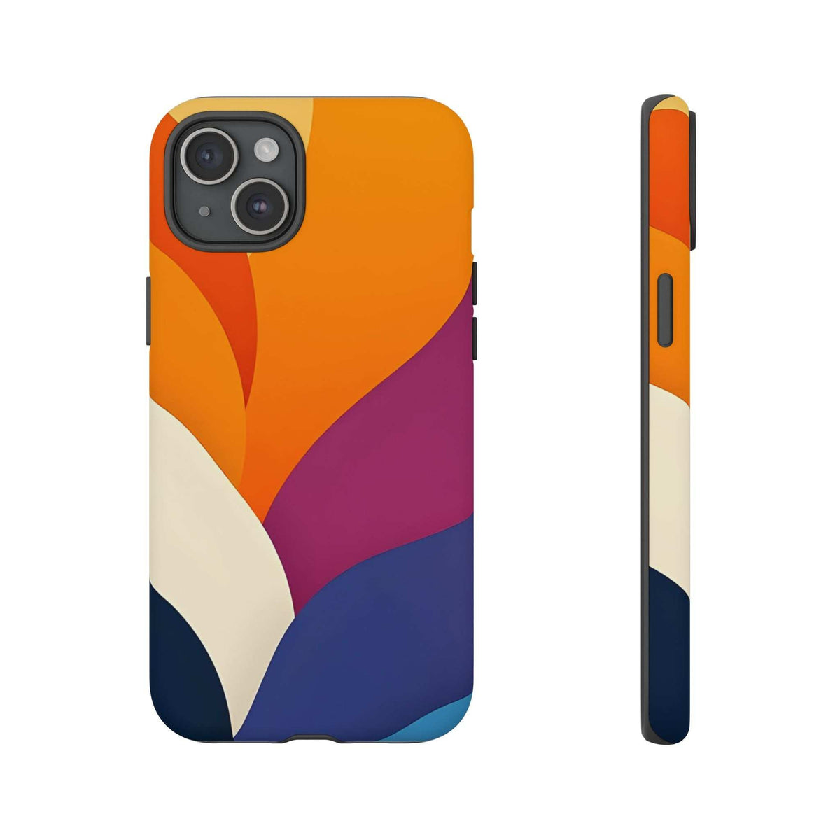 Phone case featuring abstract orange, magenta, navy and white graphic; camera module cutout