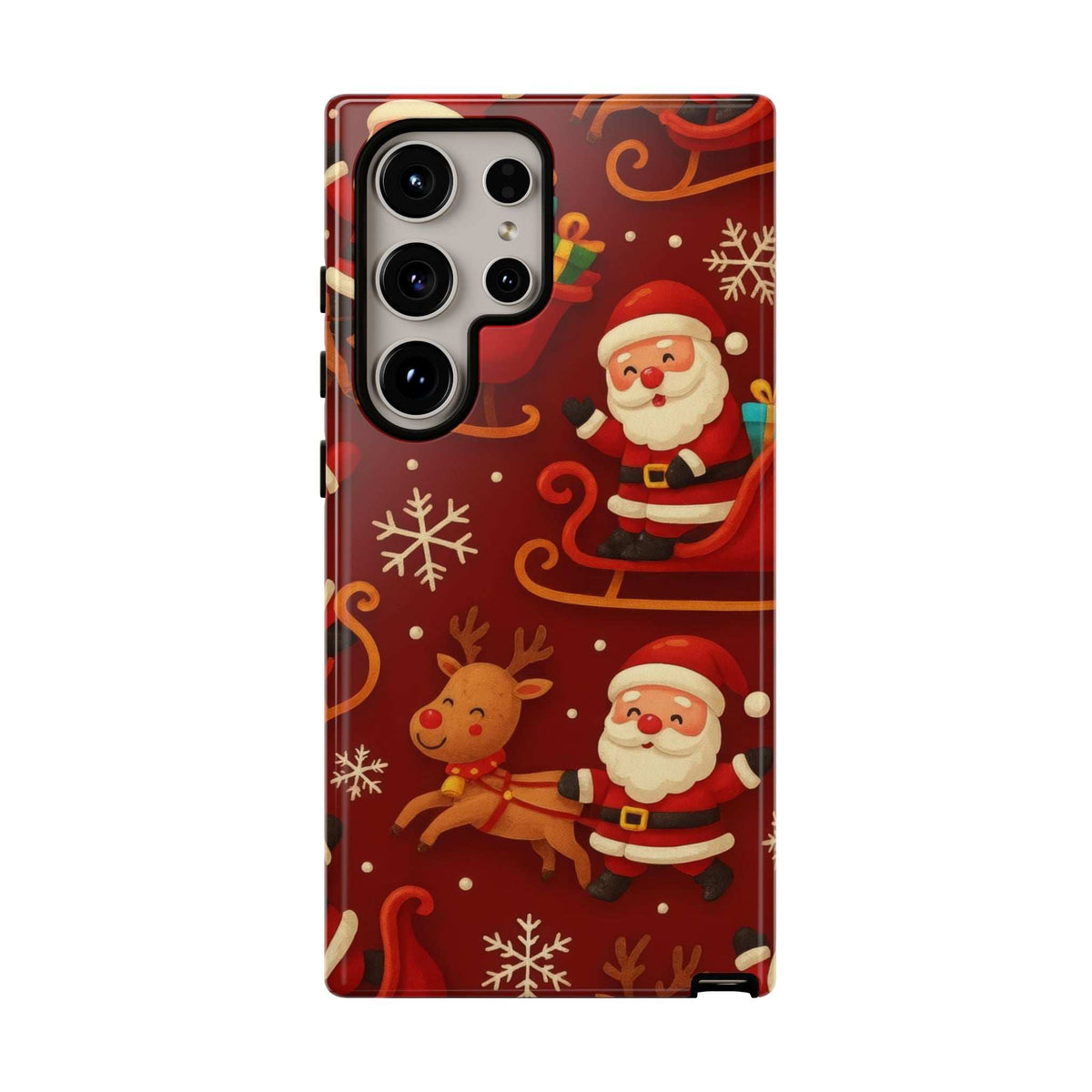 Glossy Santa and reindeer phone case, close front view with camera openings and side buttons