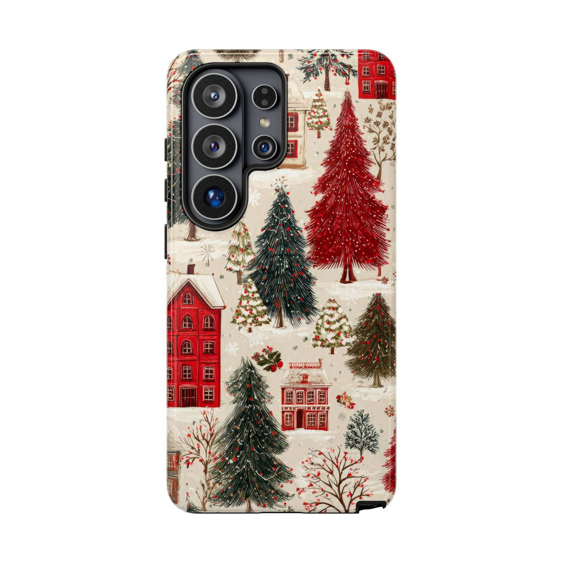 Phone case with winter village print, red house and fir trees, front camera and flash cutouts