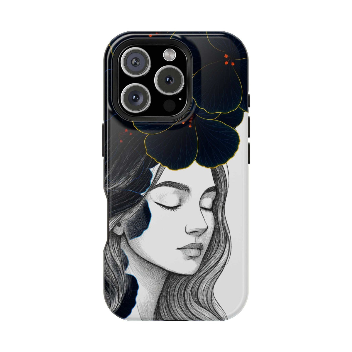 Dark floral phone case with stylized woman face illustration and raised camera module cover