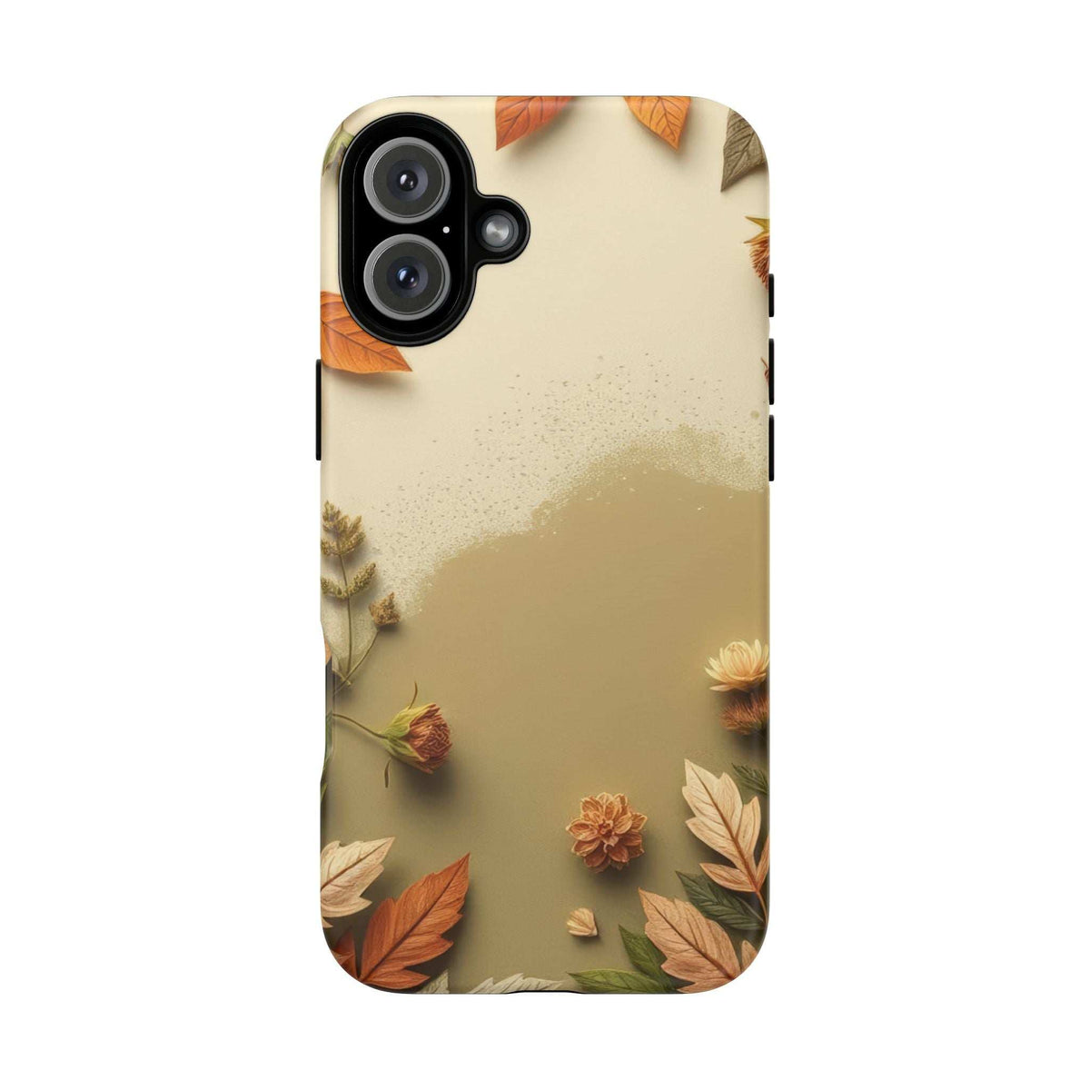 Phone case with beige autumn leaf and blossom print; black camera housing visible
