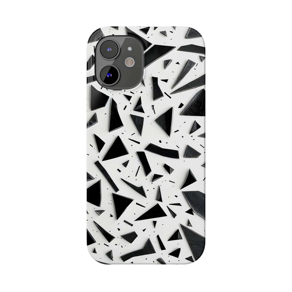 Slim phone case with black and white abstract shards, close-up front camera area