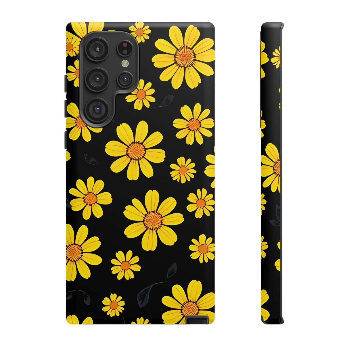 Black phone case with scattered yellow daisies; clear cutouts for cameras and flash