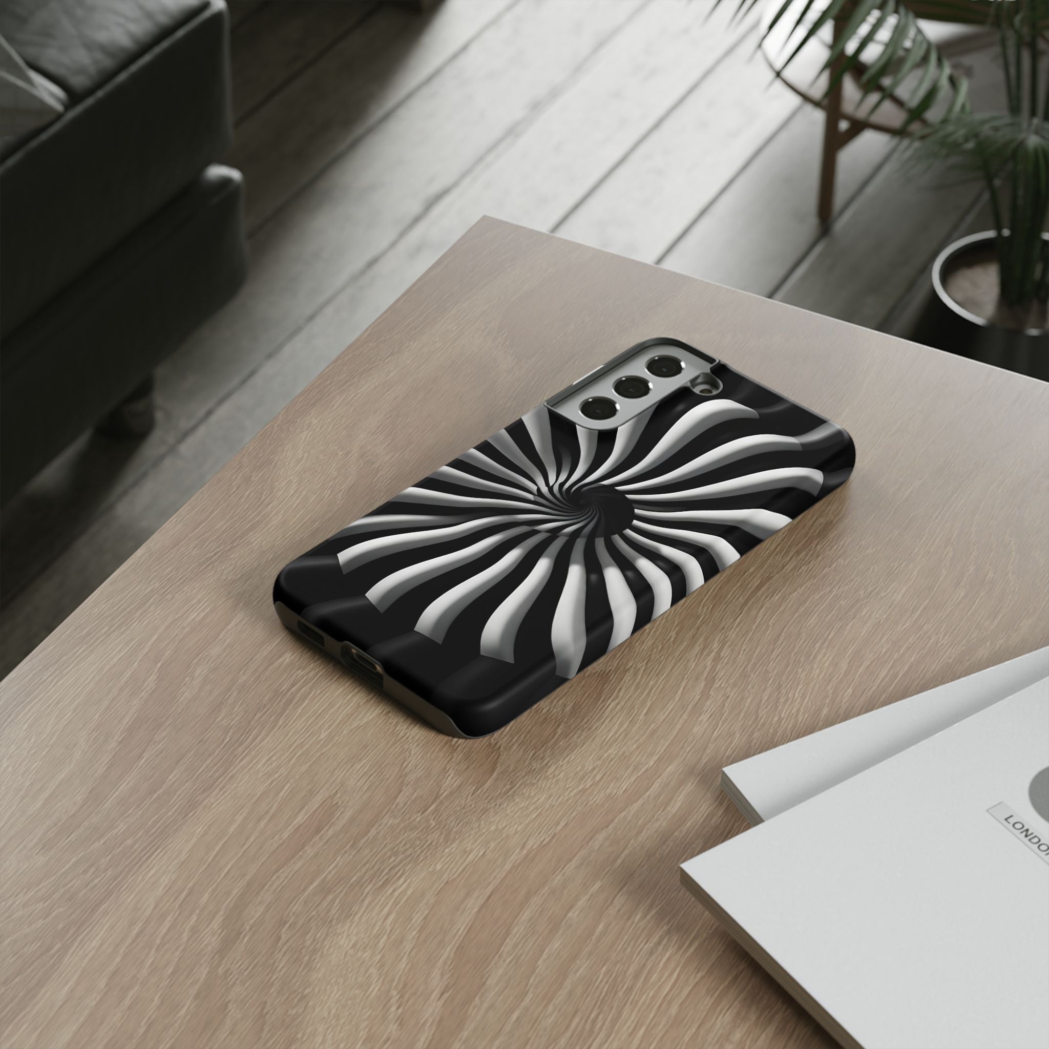 Hypnotic Black and White Spiral Phone Case – Optical Illusion Design for iPhone & Galaxy
