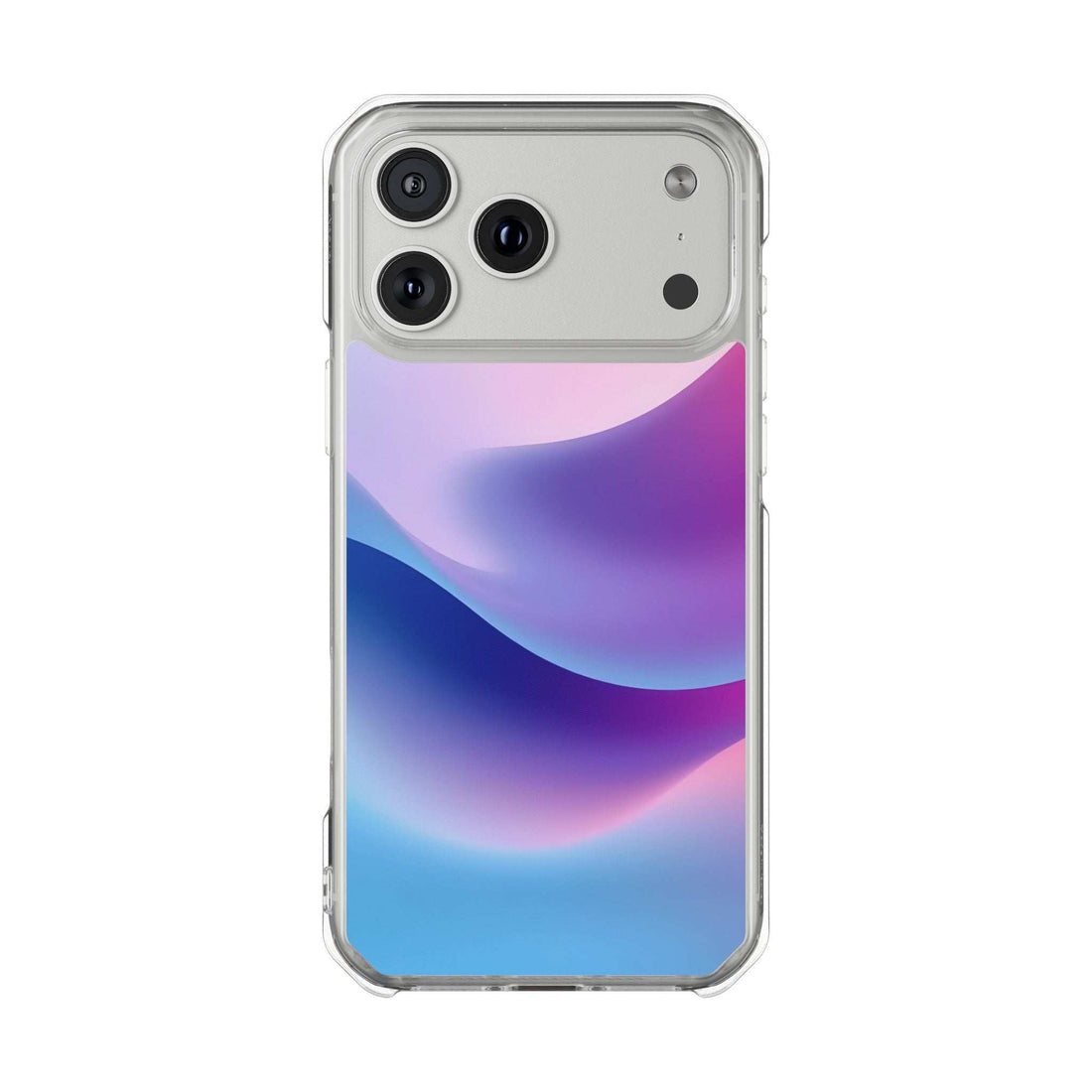 Pastel wave phone case with clear frame and triple-camera cutout; purple, blue, pink design