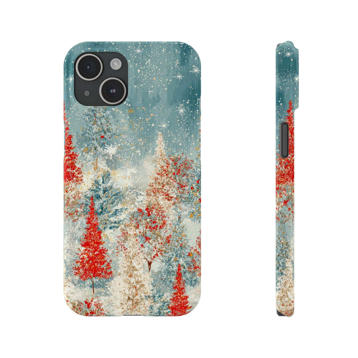 Snowy forest phone case with red evergreen silhouettes and light snow; side button cutouts