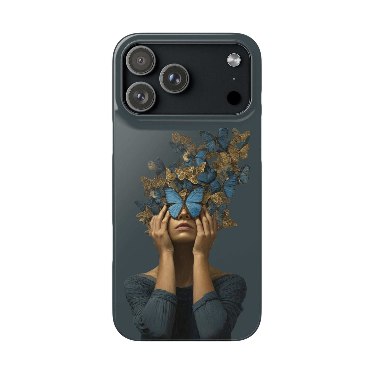 Dark gray phone case with butterfly crown portrait and triple-camera cutout