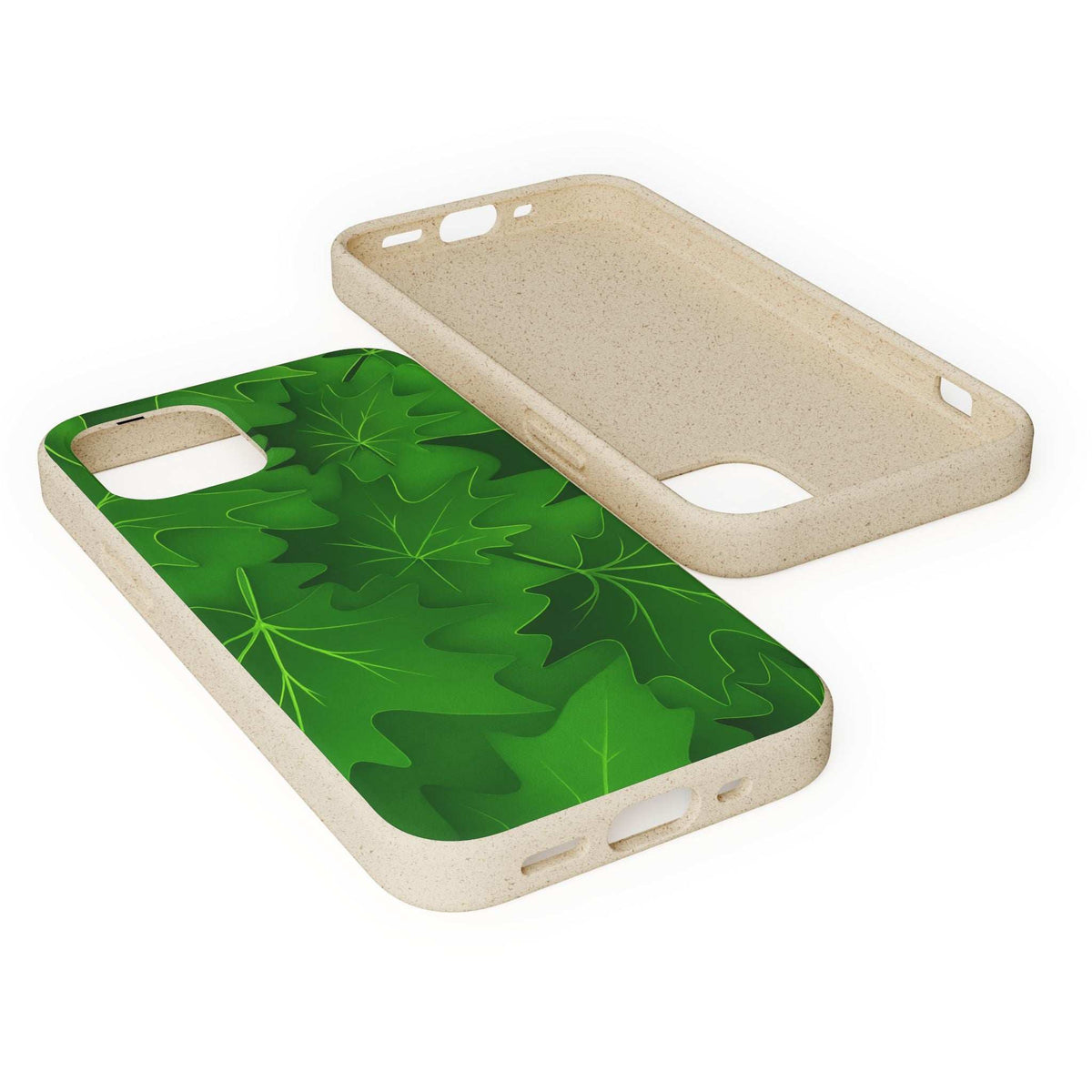Angled view of speckled beige phone case with green botanical leaf pattern and cutouts