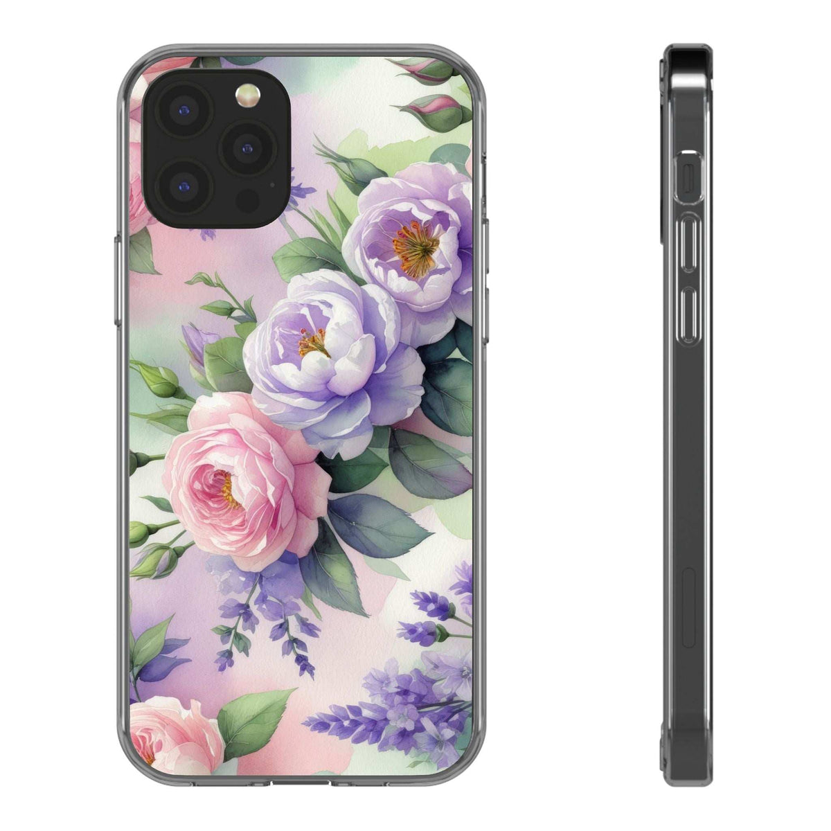 Clear floral phone case front with side profile; purple and pink rose bouquet print