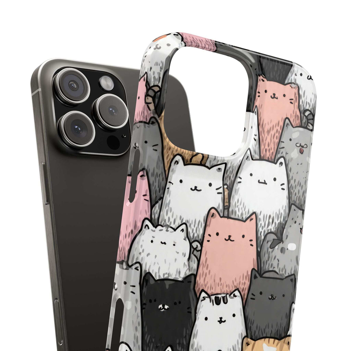 iPhone 11-17 cat patterned phone case, close-up front with camera cutout window