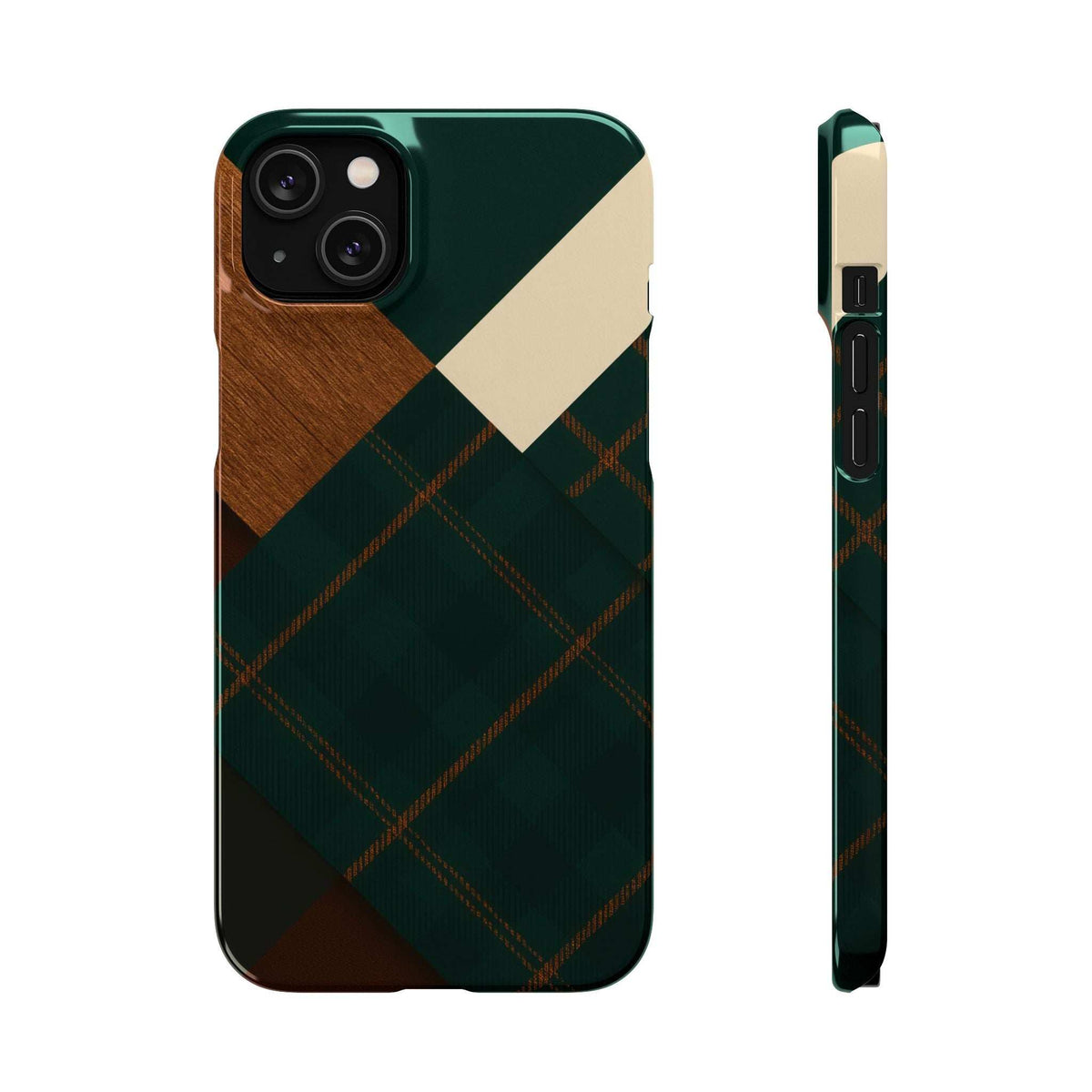 Rustic green phone case with wood and beige diagonal accents and tartan plaid pattern