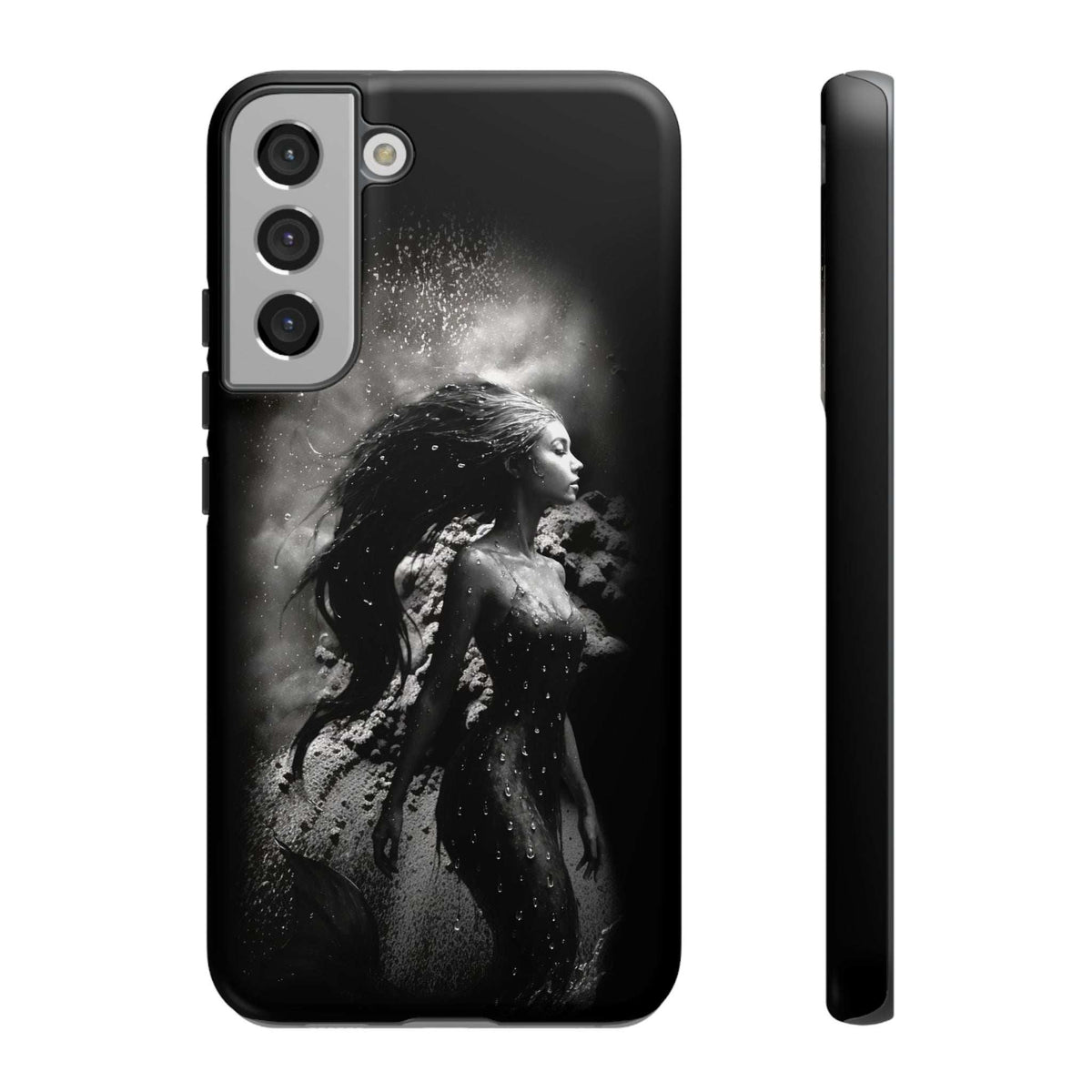 Black monochrome mermaid phone case showing front camera cutouts and side edge