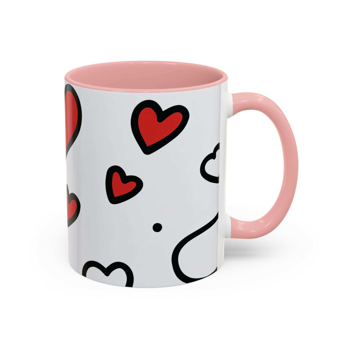 White accent coffee mug with pink rim and handle, red hearts and black smile design