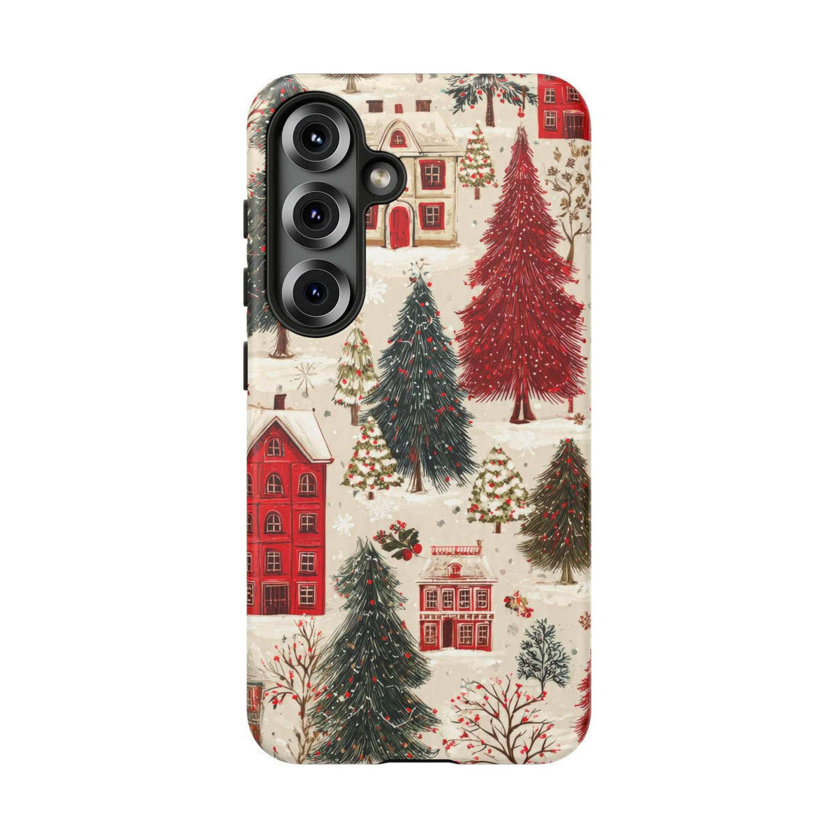 Phone case with winter village print, red house and green trees, multiple camera openings