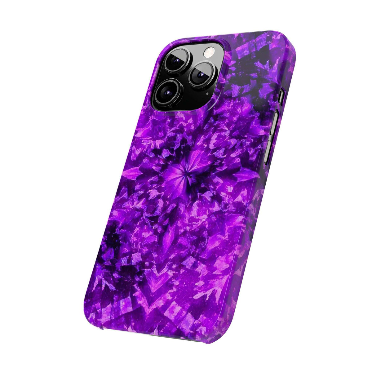 Purple kaleidoscope phone case with flowerburst pattern, angled rear view