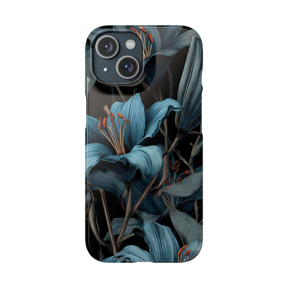 Blue and teal floral phone case with triple-camera cutout on dark back