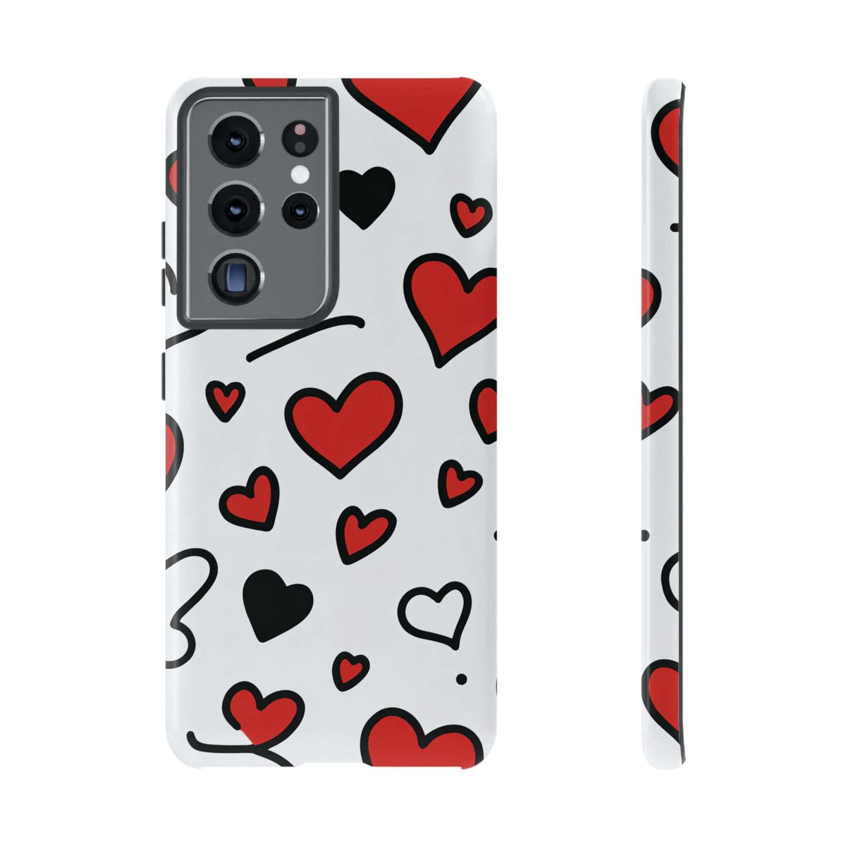 White phone case with red and black hearts; close-up of camera cutouts on the back