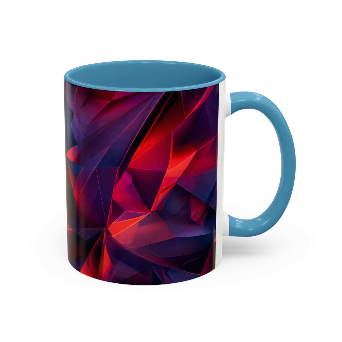 Ceramic accent mug with blue handle and rim; red, purple, and dark geometric design.