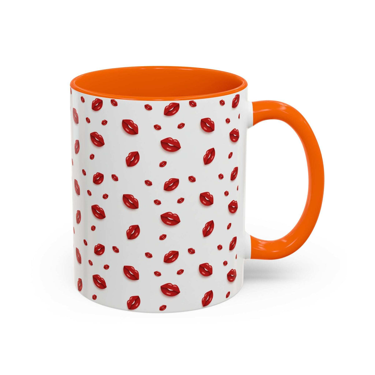 Hot lips accent coffee mug with orange handle and rim, white body, and red lips pattern.