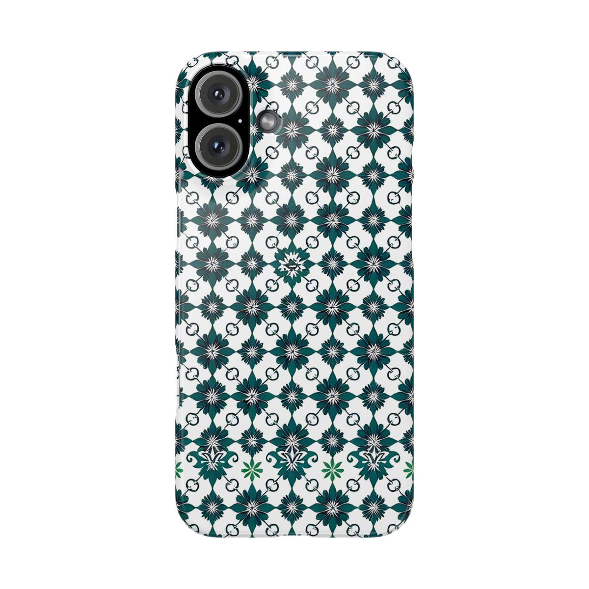 White phone case with teal and green floral geometric pattern and rear camera openings