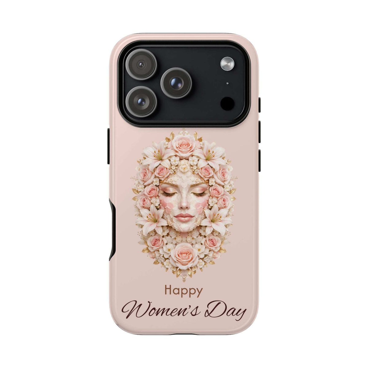 Light pink phone case with floral woman portrait, 'Happy Women's Day' and quad camera cutout